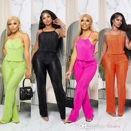 2023 Chic Two Piece Set Outfits Tracksuit Fashion Pleated Women Sets Halter Neck Tank Top And Wide Leg Pants 2PCS Suit Outfits