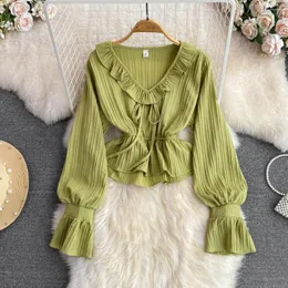 Women's Blouses Summer Sexy Blouse For Women Green/Bown/Beige Pleated Folds Ruffled Short Tops Casual Chic Fanshion