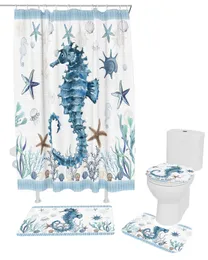 Занавески для душа в средиземноморском стиле Ocean Starfish Seahorse Stripes Аксессуары для ванной комнаты Занавеска для душа Занавеска для ванной Занавеска для унитаза Коврик НаборHKD230626