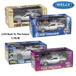 Diecast Model Car Welly 1 24 Tillbaka till framtiden del 1 2 3 DMC-12 Diecast Model Car Toy Delorean för filmmetalllegering Toy Car for Kids Gift B186 230625