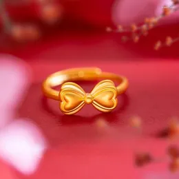 Küme Yüzükleri Açık 18k Romantik Altın Bowknot Flep Halkası Kadınlar için Parti Nişan Düğün Gerçek 999 Güzel Mücevher Hediyeleri