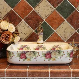 Chinesisches Waschbecken im europäischen Stil Jingdezhen Art Aufsatzwaschbecken aus Keramik mit Rosenmuster Badezimmerwaschbeckengute Menge Xmskk
