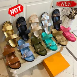 Designer Bom Dia Chinelos sandálias deslizantes Sapatilhas de verão Sexy plataforma de couro real Sapatos de praia femininos elegantes sem esforço Tiras deslizantes com fivelas douradas ajustadas