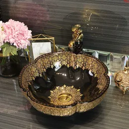 Forma de flor Jingdezhen fábrica diretamente cerâmica pintada à mão lavatório pias de banheiro preto com padrão de ouroboa quantidade Bwvox