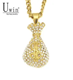 UWIN STANLESS STEEL DOLLAR SIGON PRUSE GOLD COINS MONEY BAG BAG PENDANT RHINESTONE CHARMS OUT OUT NECTLACE HIP HOP 2010147250848