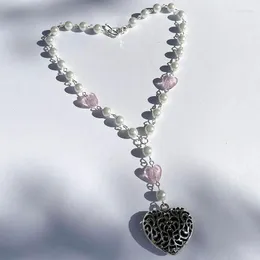 Cadenas Corazón rosa Cuentas a mano Collar de cadena de rosario de perlas Copycat Core Fairy Pastel Coquette Dollette Lily Rose Depp
