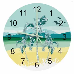 Wall Clocks Coconut Tree Seaside Seawater Seagull Mountain Luminous Pointer Clock Home Ornaments Round Silent Living Room Decor