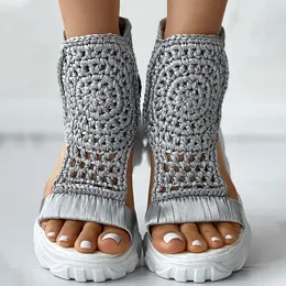 Sandalet Sandalet Kadın Örgülü Geometrik Kama Sandalet Örme Elastik Yaz Ayakkabı Örgü Düz Sandalet Içi Boş Kadın Platform Ayakkabı 230626