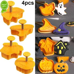 新しい4PCSハロウィーンクッキースタンプビスケット金型3Dカボチャゴーストテーマプラスチッククッカーカッタープランジャーフォンダン型金型ケーキデコレーション