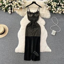 Casual Dresses Foamlina Women Summer Sexy Hollow Out Floral Lace Dress Black Spaghetti Strap Sleeveless Backless Slim Bodycon Party Long