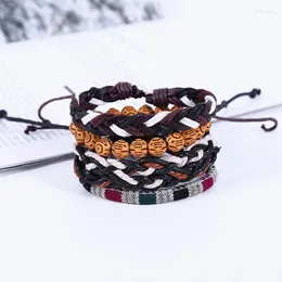 Urok bransolety 4pcs/Zestaw oryginalny skórzany pleciony czarny/brązowy punktowy zestaw wielowarstwowy dla kobiet mężczyzn Wrap Banles pulseras mjer Melv22