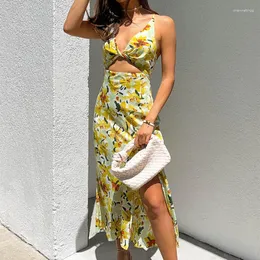 Robes décontractées femmes sans manches nœud torsadé découpe Midi fête plage haut fendu a-ligne Chic fleurs jaunes robe imprimée été