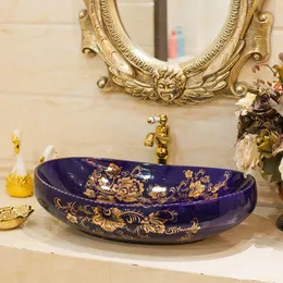 Bacia de lavatório de bancada de porcelana estilo vintage europeu pintada à mão Bacia de arte em cerâmica oval artesanal Tlehx