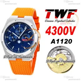 TWF Overseas Perpetual Calendar Moonphase 4300V A1120 Automatisk herrklocka Stålfodral Blue Dial Orange Rubber Super Version Reloj Hombre Edition Puretime C3