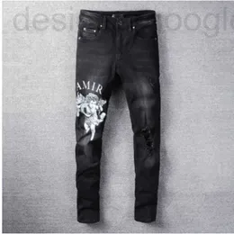 Erkek Kot tasarımcı Siyah Mektup Melek Baskı İnce erkek kot sıska Streetwear Motosiklet Pantolon Hip Hop Erkekler Los Hombres 4DDP