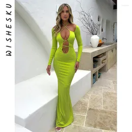 Casual Dresses Sexy Cross Halter Neck Hollow Out Bodycon Maxi Dress Women Back Lacing Long Sleeve Deep V Wrapped Cocktail Party Club