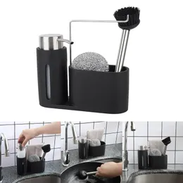 Dispensadores de cozinha kit de limpeza dispensador de sabão detergente imprensa garrafa de aço fio bola lavar louça pote escova pano rack de armazenamento conjunto