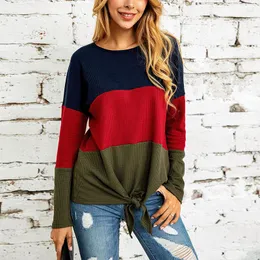 Sweat à capuche femme Patchwork Bandage à manches longues Blouses Casaul femmes chemises à col rond femme automne mode basique Blusas Streetwear