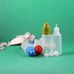 100 مجموعة / مجموعة 15 مللي زجاجات قطارة بلاستيكية مقاومة للأطفال برأس رفيع طويل PE آمنة لعصير بخار السائل الإلكتروني e-Liquide 15 مللي Aksuf