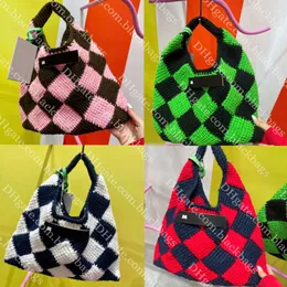 Bolsa de malha de lã feminina mão tecido designer totes moda xadrez bolsa macia 6 cores