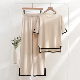 Conjunto de calças de duas peças femininas elegantes conjuntos de roupas de verão de malha de gelo para mulheres manga curta pama terno 230627950