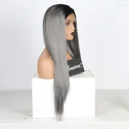 Perucas Sintéticas RONGDUOYI Ombre Grey Long Lace Front Wig Silky Straight Heat Resistant For Women Two Tone Grey Cosplay