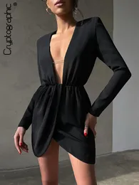Casual Dresses Cryptographic Elegant Sexy Deep V Neck Long Sleeve Wrap Dress Women Chain Ruched Mini Party Night Club Outfits kläder 221119