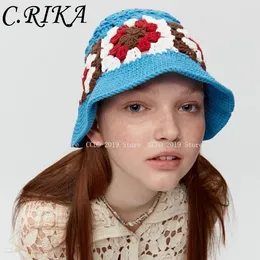 Summer Women Fashion Crochet Marka Bucket Hat Pure Cotton Hat Składana czapka słoneczna pusta dzianina wielokolorowa Hats Hats Panama