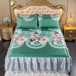 침구 세트 23pcs 세트 여름 멋진 침대 커버 Pillowcase 킹 퀸 사이즈 꽃 로맨틱 Antislip 스커트 230626 인쇄 얼음 침대보