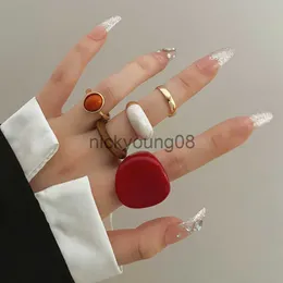 Band Rings IPARAM New Trendy Rings Set for Women Exaggerated Red Resin Enamel Wooden Geometric Finger Ring Punk Fashion Jewelry x0625