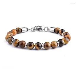 Strand 8MM Mappa opaca Bracciale in pietra Bracciale in metallo con catena da polso Gioielli con occhio di tigre gialla Personalità maschile con perline vulcaniche