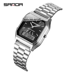 Watches Sanda Men's Electronic Watches Square Pointer Dial Waterproof Stainless Strap Led Display Luminous Mens Waterproof Sports