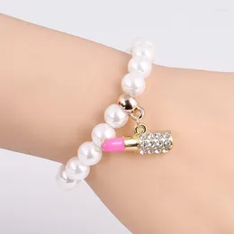 Charm Armband Fashion Jewelry Imitation Pearls Bead Pink Lip Stick Pendant Armband For Women Crystal