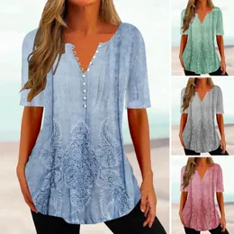 Women's Blouses Women's Chic Loose Top Buttons Half Placket Moisture Wicking Women Tops Printing Casual Tunic T-shirt