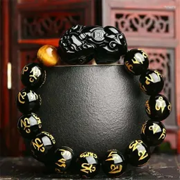 Strand Genuine Natural Six Word Black Obsidian Gems Round Bead Pi Xiu Shape Stretch Bracelets Women Men 10mm 12mm 14mm