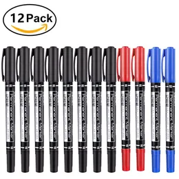 علامات 12pcs/حزمة Twin Tip علامة دائمة عازمة بالماء Marker Pen Fine/Medium Point 0.5mm1mmm Marker Black Blue Red Ink