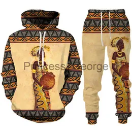 Herrespår roliga afrikanska kvinnliga tryck hoodiesuit dashiki etnisk stil Menwomen Pullover Sweatshirt Set Casual Par Streetwear Tracksuit X0627