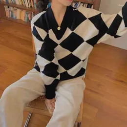 Suéter feminino preto e branco romboide pulôver feminino outono inverno xadrez decote em v manga comprida tabuleiro de xadrez feminino