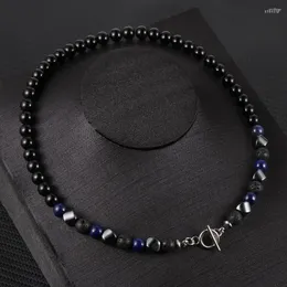 Choker Fashion 8mm Smooth Natural Stone Faces Hematite Lave Rock Beaded Halsband Rostfritt stål Klapp Män Chokers Kvinnor Fina smycken