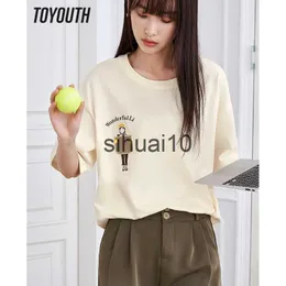 Kvinnors t-shirt Toyouth Women T-shirt 2023 Summer Short Sleeve O Neck Loose Tees Roliga broderier Pure Cotton Casual All Match Tops J230627