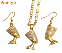 Anniyo Egypt Nefertiti Queen Portrait Pendant Necklace Amp Earrings Egyptian Womentwo Tone African Jewelry Party Sets 098906B6742356