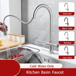 Torneiras de cozinha Cachoeira Torneira da bacia Material de aço inoxidável Mangueira pull down 360 Rotação Preto Pistola Cinza Dourado Cor Somente Água Fria