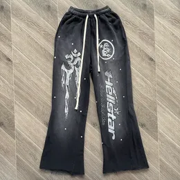Hellstar Flare Black Flame Spodnie Wash splatane sportowe spodnie Bell Bottoms Spodnie Plus Sime Smlxl