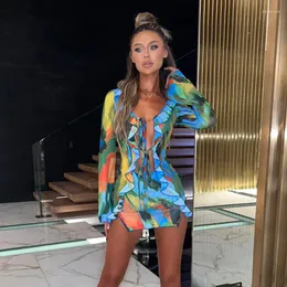 Abiti casual Hirigin Women Ruffle Mini Dress Sexy Deep V Neck Cutout Mesh See Through Bodycon Short Tie Dye Summer Beach Sundress