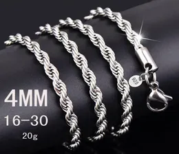 Corrente de corda de prata esterlina 4MM 925 1630 polegadas Colar feminino de luxo de alta qualidade para mulheres e homens Jóias de moda em massa7947182