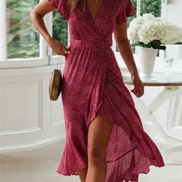 Aachoae Summer Beach Dress Women Stampa floreale Abito lungo bohemien Manica corta Boho Style Maxi Dress Ruffles Vestito estivo Vestidos 220526