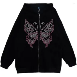 Felpe con cappuccio da donna High Street Harajuku Dark Diamond Butterfly Retro Punk Streetwear Giacca oversize con cappuccio stampa Y2k Cardigan abbigliamento sportivo caldo