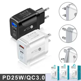 Type-C 25w PD e QC 3.0 Fast Wall Cellphone Charger US EU UK Plug for IPhone Xiaomi Huawei Mobile Phone with box