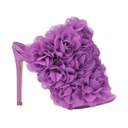 Women Genuine 2023 Ladies Leather Satin Sandals High Heels Summer Peep-toe Open Toed Slipper Big Rose Flower Wedding Par 3087