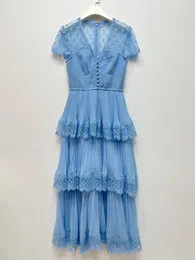 Nowy portret S-Celf Niebieski szyfonowy sukienka midi Sukienka z krótkim rękawem dla kobiet